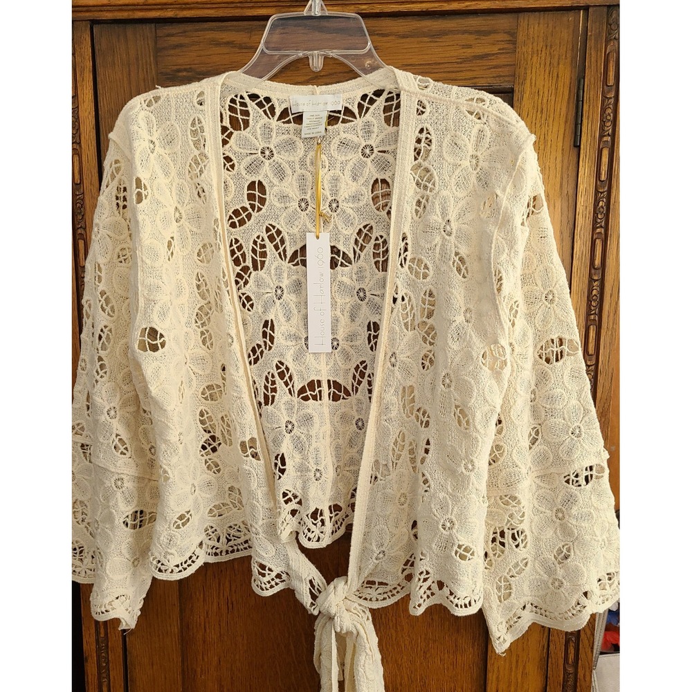 House of Harlow 1960 Floral Crochet Tie Front Cardigan Cream Ivory One Size NEW